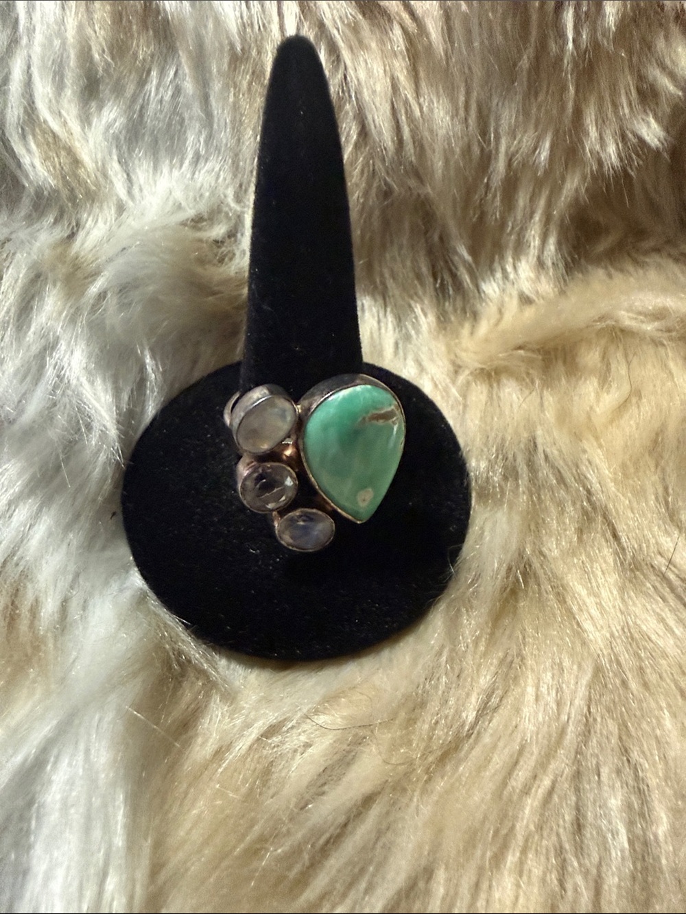 Sterling Silver Adjustable Teardrop Green Turquoise and Moonstone Accent Ring